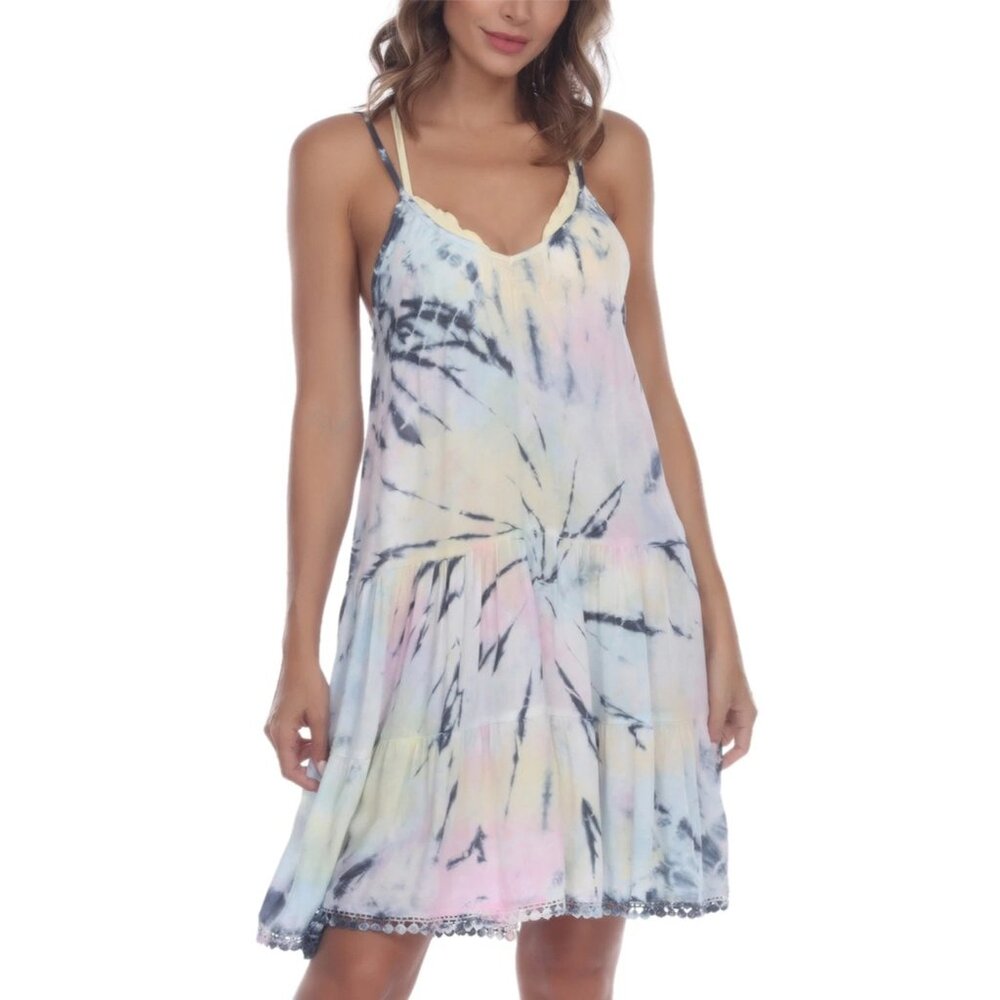 Raviya Swim Cover Up Dress Mini Crochet Trim Sleeveless Tie Dye Colorful S